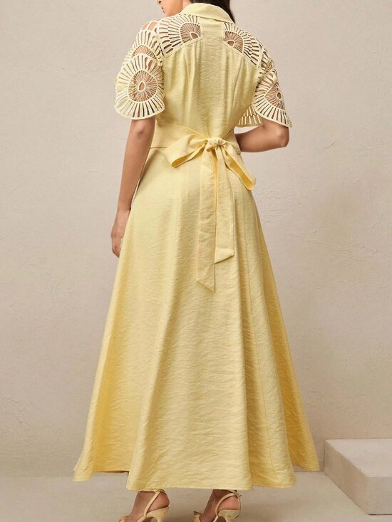 Yellow Elegant Women's Single-Breasted Hollow-Out Patchwork Long Shirt Dress - Picture 2 of 5